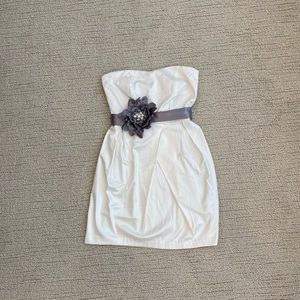 Mini white satin formal dress with silver flower ribbon